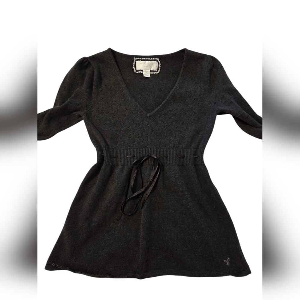 Vintage American Eagle Y2K Babydoll Charcoal Knit Top - Picture 2 of 10